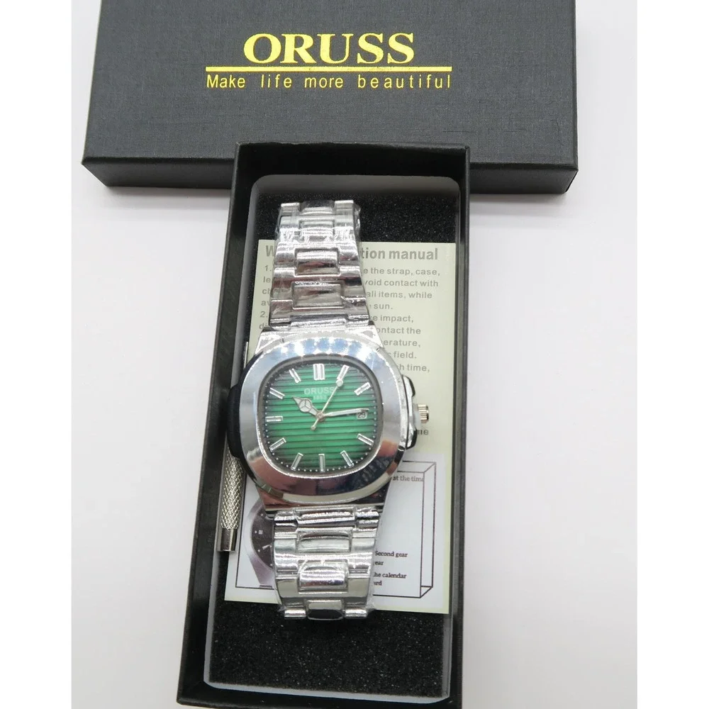 Oruss 1853 Mens Watch Green Dial Silver Stainless Steel Link Bracelet New in Box